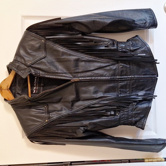 Wilsons Black  Leather Fringe Biker Jacket Ladies M - Picture 4 of 8
